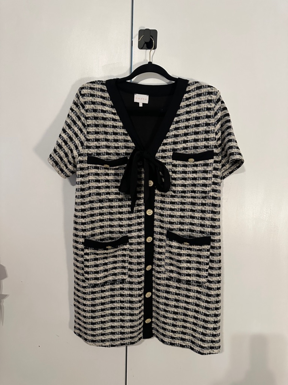 entro Black and White Tweed Mini Dress with Bow